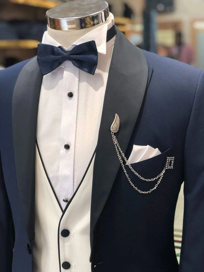 Slim-Fit Navy-Blue Tuxedo Suit for Elegant Occasions - BRABION