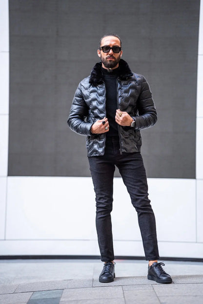 Mateo Slim Fit Black Self-Printed Fur Detail Coat - BRABION