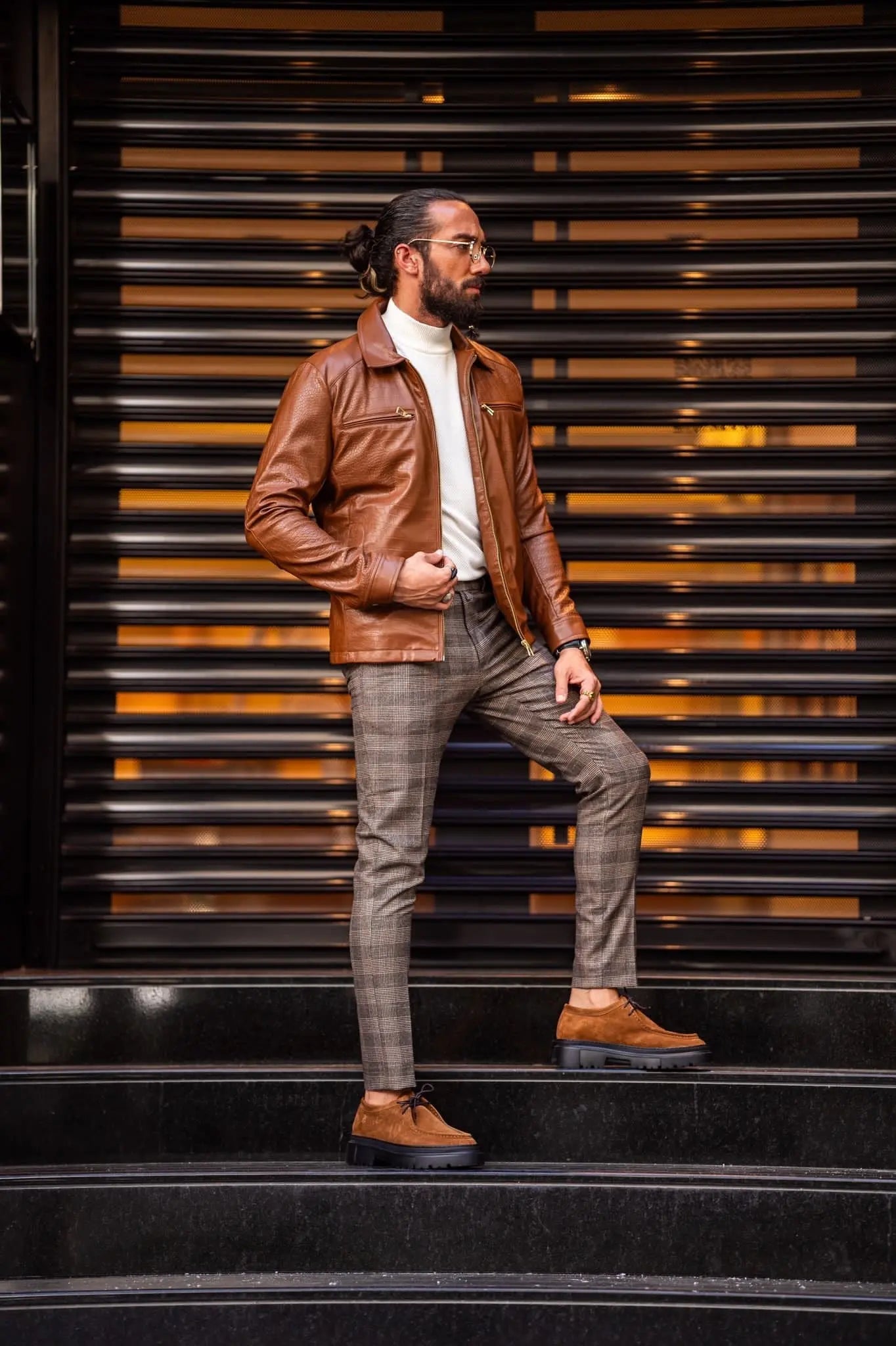 Mateo Slim Fit Tan Patterned Leather Coat - BRABION
