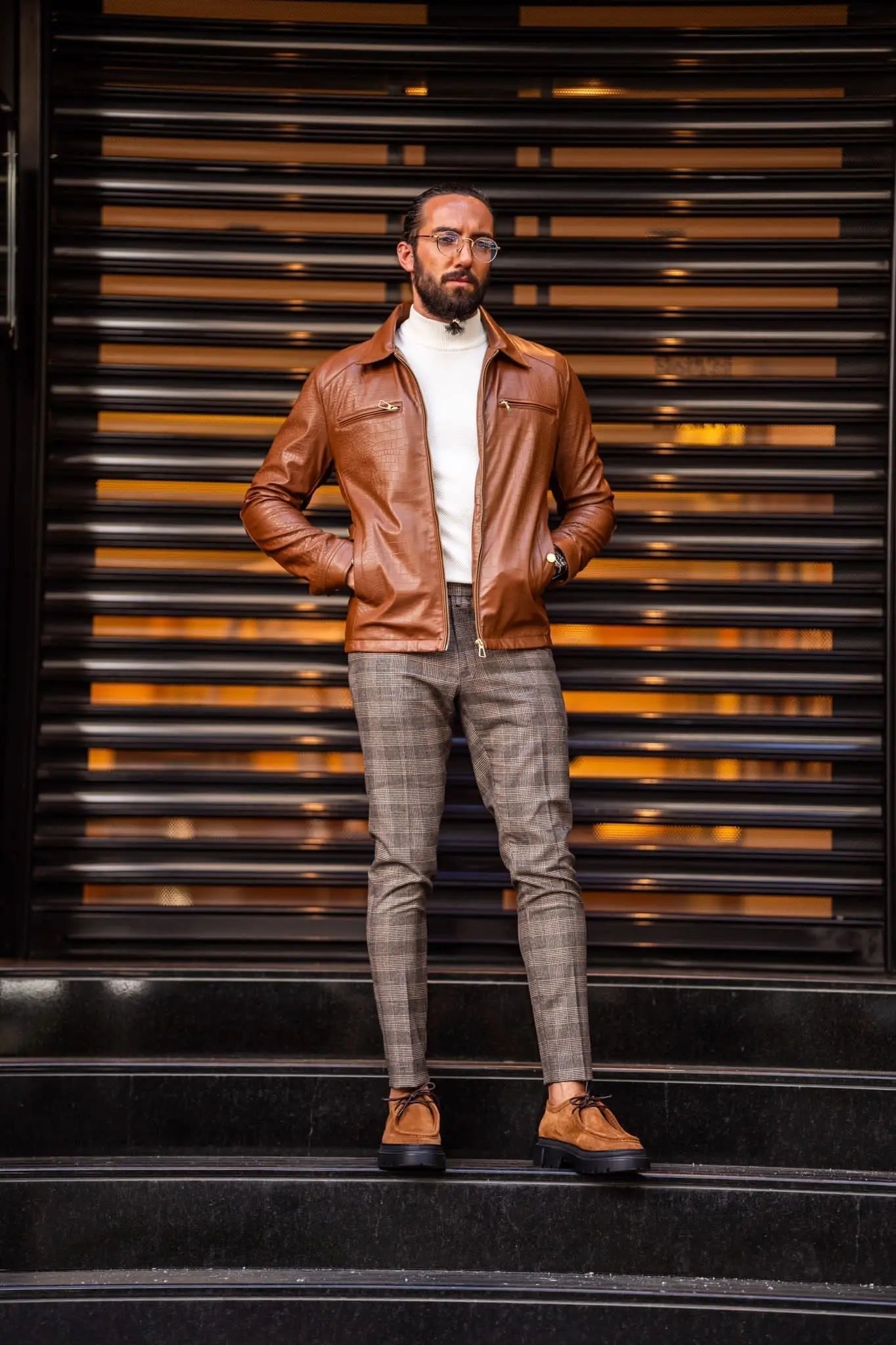Mateo Slim Fit Tan Patterned Leather Coat - BRABION
