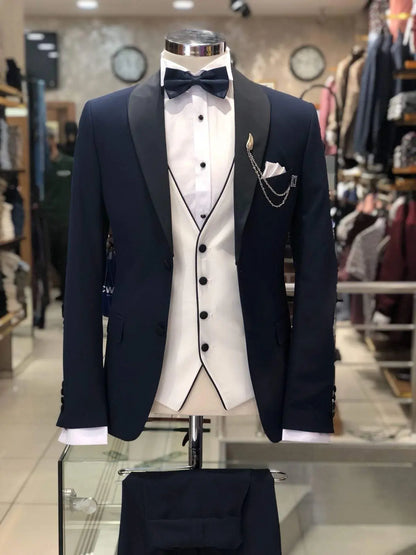 Slim-Fit Navy-Blue Tuxedo Suit for Elegant Occasions - BRABION