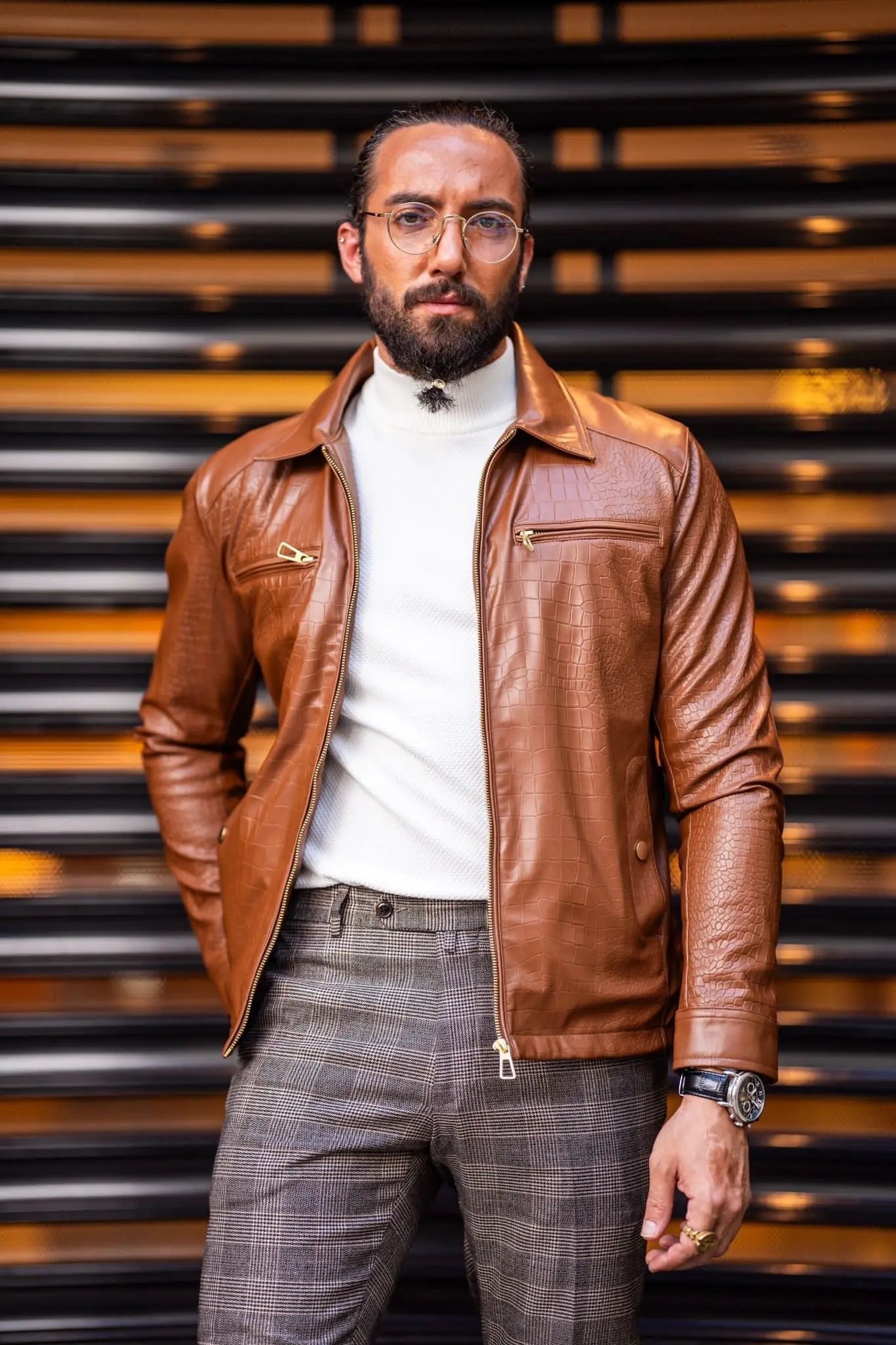 Mateo Slim Fit Tan Patterned Leather Coat - BRABION