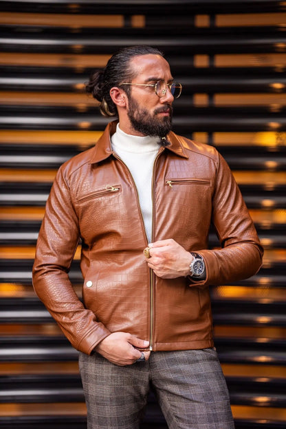 Mateo Slim Fit Tan Patterned Leather Coat - BRABION