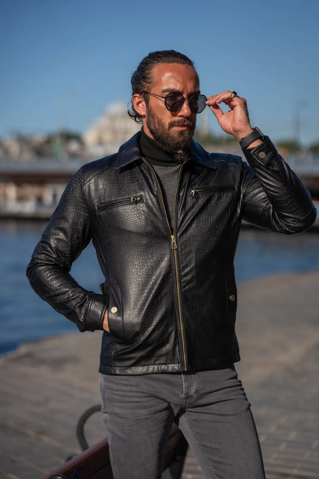 Mateo Slim Fit Leather Crocodile Style Jacket - BRABION