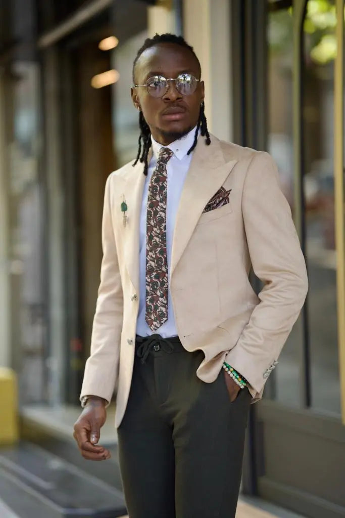 Amber Beige Slim Fit Peak Lapel Blazer: Elevate Your Wardrobe - BRABION