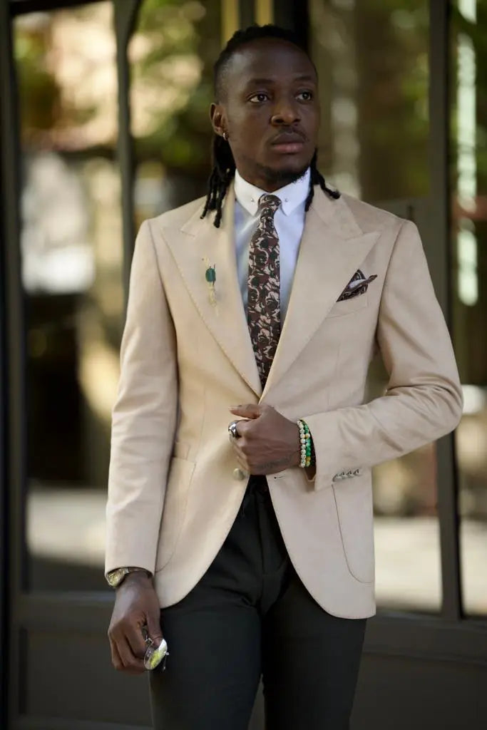 Amber Beige Slim Fit Peak Lapel Blazer: Elevate Your Wardrobe - BRABION