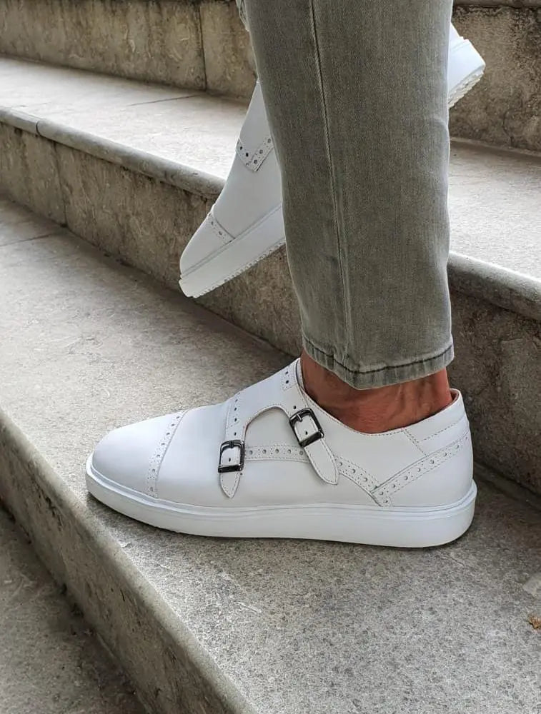 Custer White Monk Strap Cap Toe Shoes - Elegant Men's Footwear - BRABION
