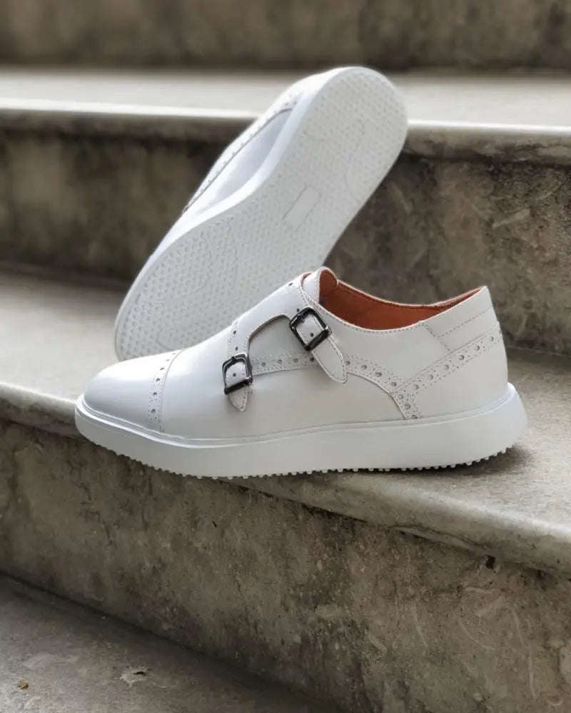 Custer White Monk Strap Cap Toe Shoes - Elegant Men's Footwear - BRABION