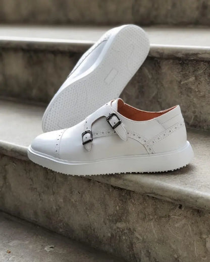 Custer White Monk Strap Cap Toe Shoes - Elegant Men's Footwear - BRABION