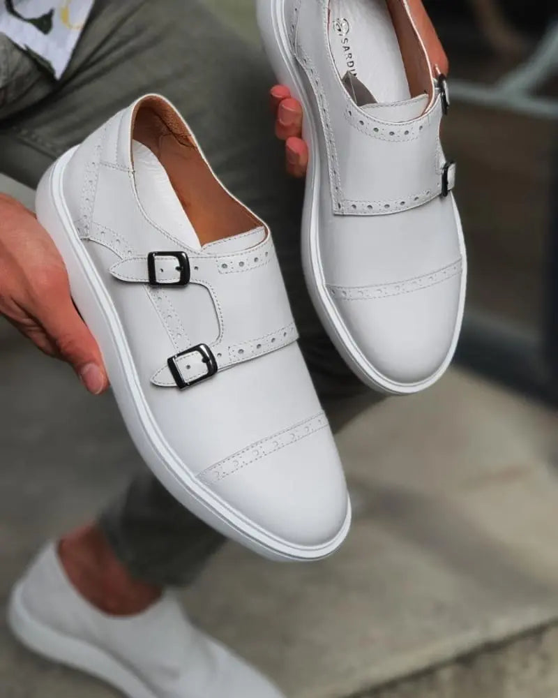 Custer White Monk Strap Cap Toe Shoes - Elegant Men's Footwear - BRABION