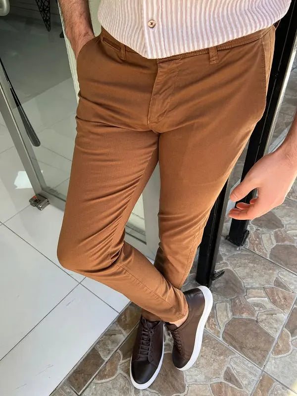 Danville Camel Slim Fit Cotton Pants - The Perfect Blend of Comfort and Style - BRABION