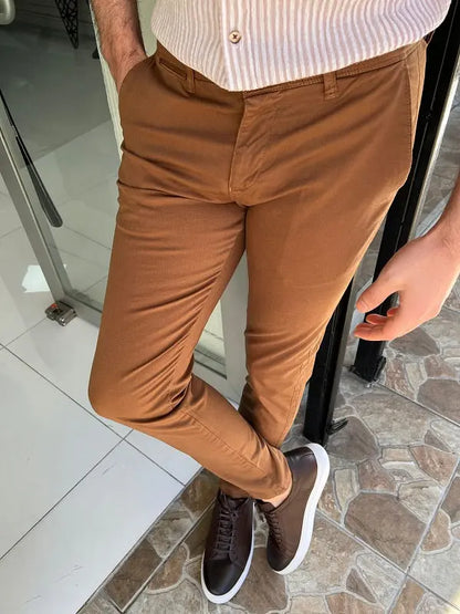 Danville Camel Slim Fit Cotton Pants - The Perfect Blend of Comfort and Style - BRABION