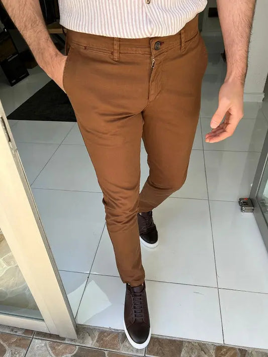 Danville Camel Slim Fit Cotton Pants - The Perfect Blend of Comfort and Style - BRABION