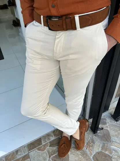 Danville Cream Slim Fit Cotton Pants for Versatile Style - BRABION