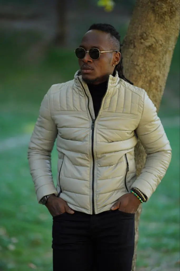 Avion Slim Fit Beige Faux Leather Puffer Jacket - BRABION