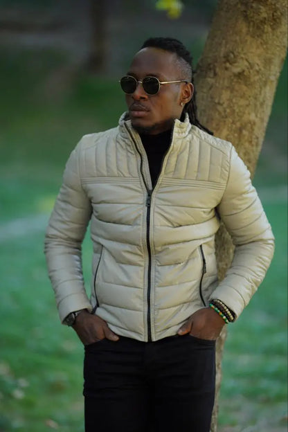 Avion Slim Fit Beige Faux Leather Puffer Jacket - BRABION