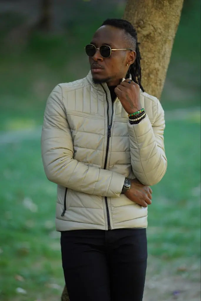 Avion Slim Fit Beige Faux Leather Puffer Jacket - BRABION
