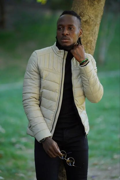 Avion Slim Fit Beige Faux Leather Puffer Jacket - BRABION