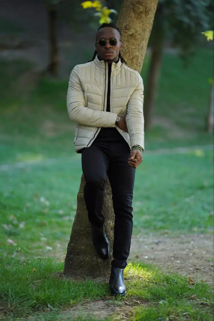 Avion Slim Fit Beige Faux Leather Puffer Jacket - BRABION