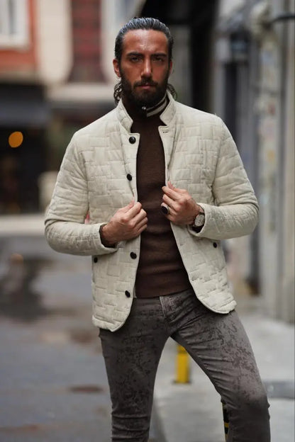 Avion Slim Fit Beige Nubuck Leather Jacket - BRABION