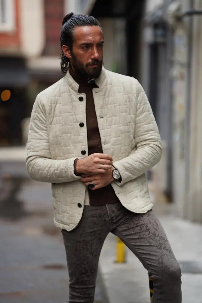 Avion Slim Fit Beige Nubuck Leather Jacket - BRABION