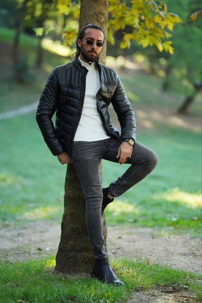 Avion Slim Fit Black Faux Leather Puffer Jacket - BRABION