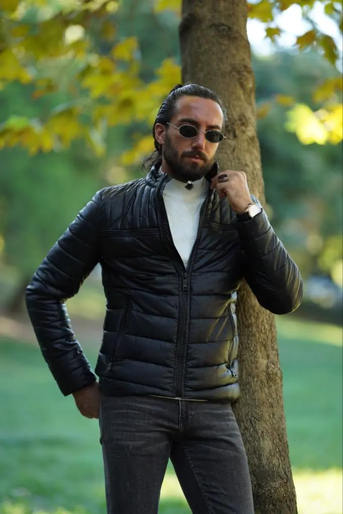 Avion Slim Fit Black Faux Leather Puffer Jacket - BRABION