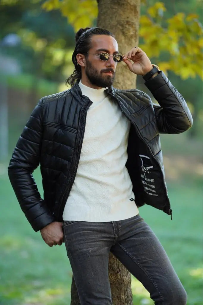 Avion Slim Fit Black Faux Leather Puffer Jacket - BRABION
