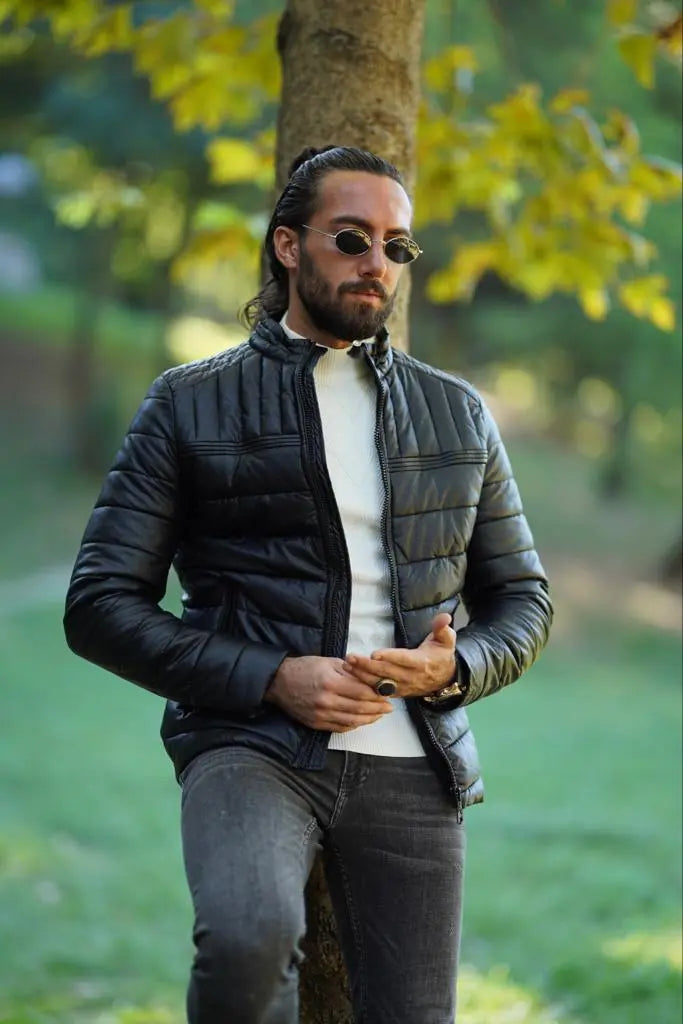 Avion Slim Fit Black Faux Leather Puffer Jacket - BRABION