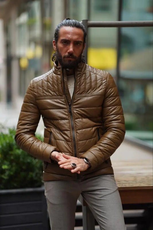 Avion Slim Fit Brown Faux Leather Puffer Jacket - BRABION