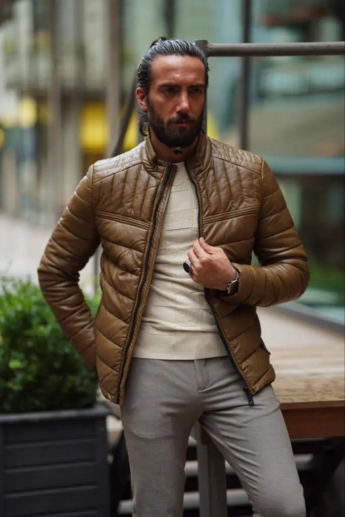 Avion Slim Fit Brown Faux Leather Puffer Jacket - BRABION