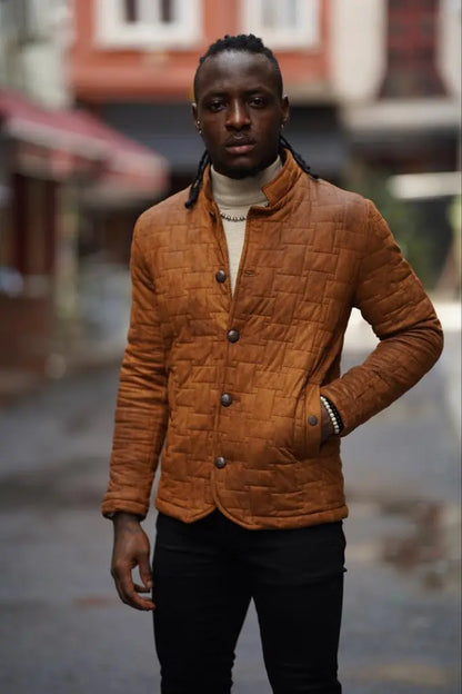 Avion Slim Fit Camel Nubuck Leather Jacket - BRABION