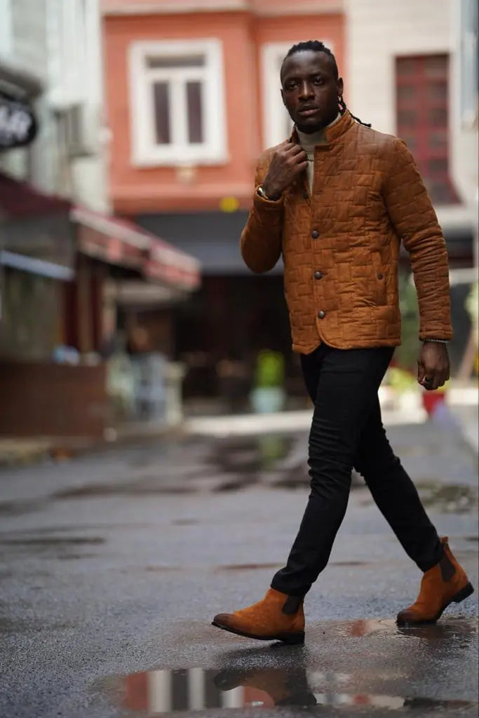 Avion Slim Fit Camel Nubuck Leather Jacket - BRABION