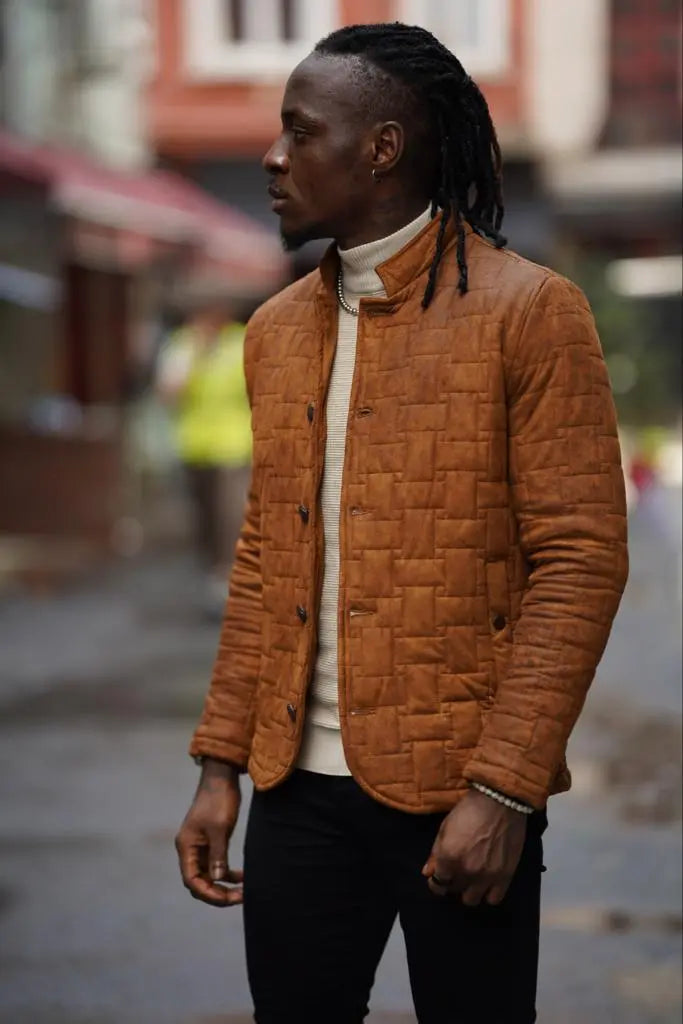 Avion Slim Fit Camel Nubuck Leather Jacket - BRABION