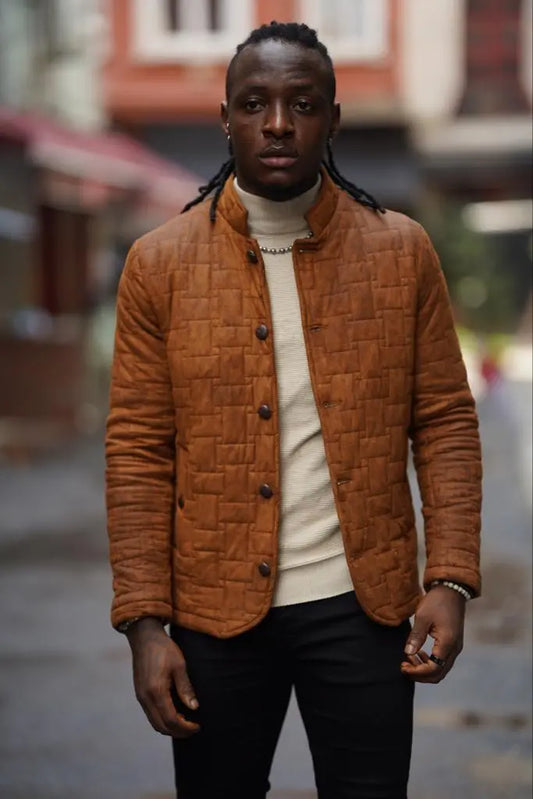 Avion Slim Fit Camel Nubuck Leather Jacket - BRABION