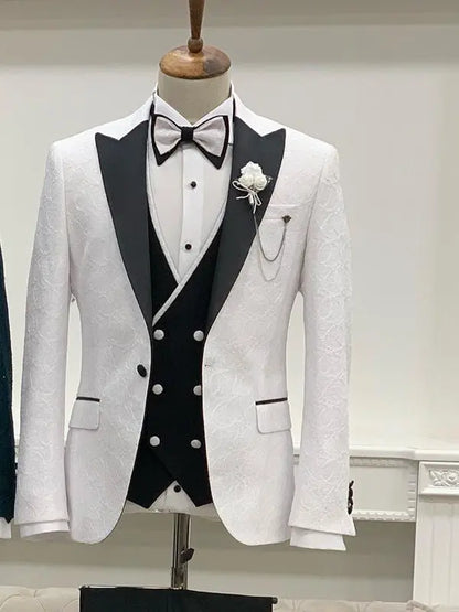 Caesar White Slim Fit Peak Lapel Floral Patterned Tuxedo - BRABION