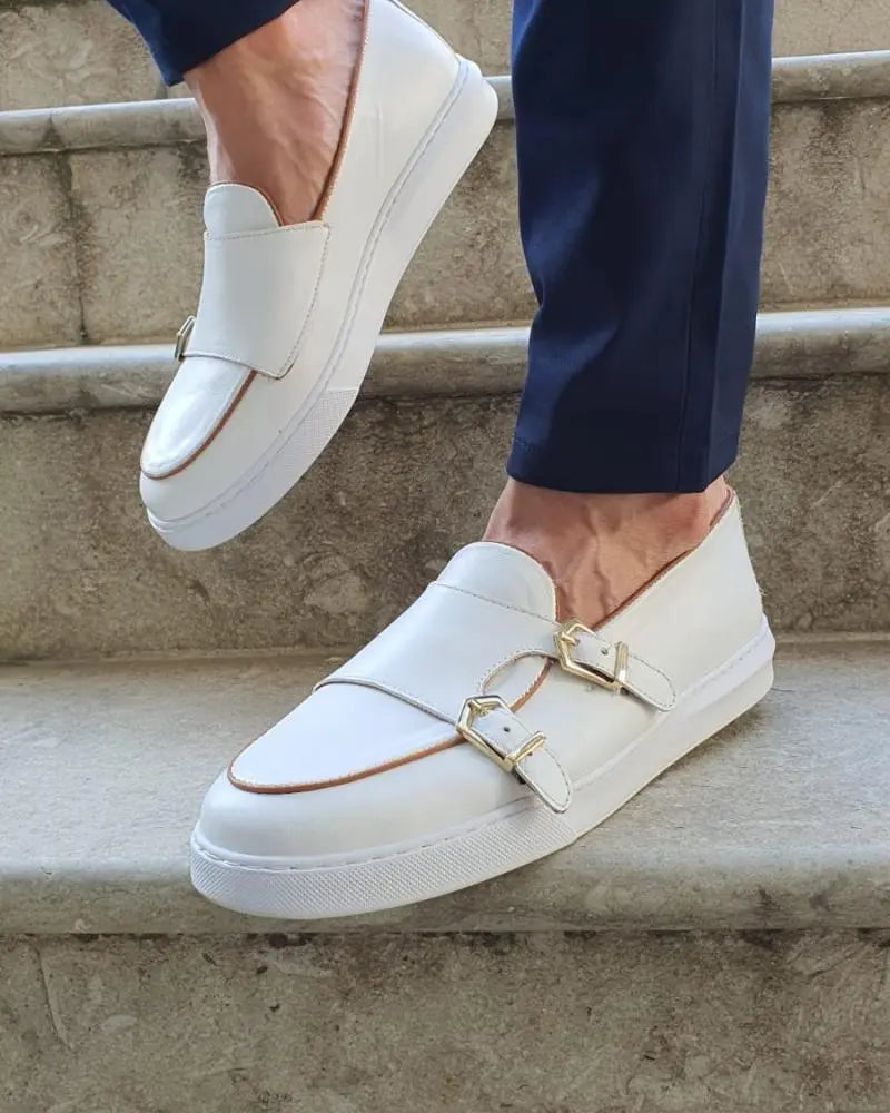 Detroit White Monk Strap Loafers - Elevate Your Style - BRABION