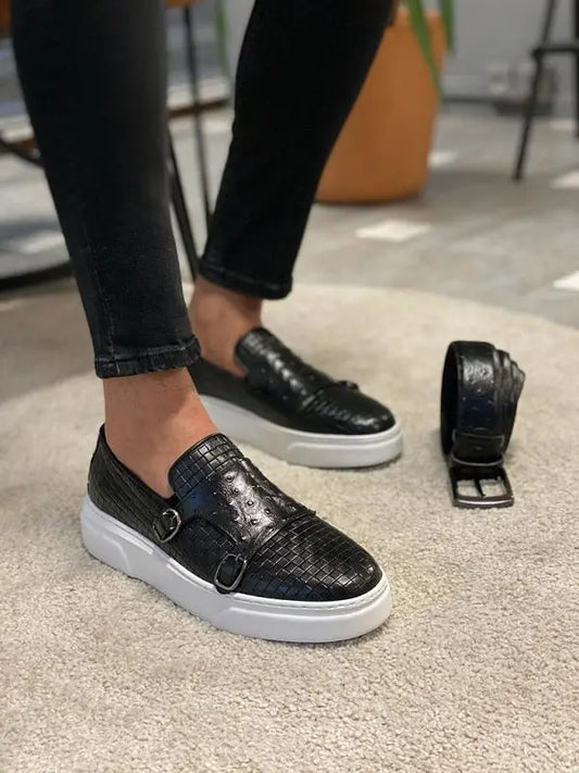 Toros Black Woven Leather Monk Strap Loafers - BRABION