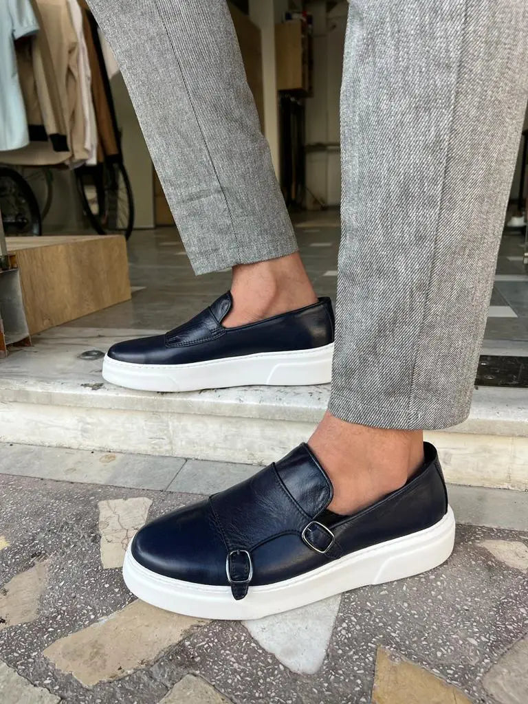 Edmond Navy Blue Double Monk Strap Casual Shoes - BRABION