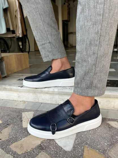 Edmond Navy Blue Double Monk Strap Casual Shoes - BRABION