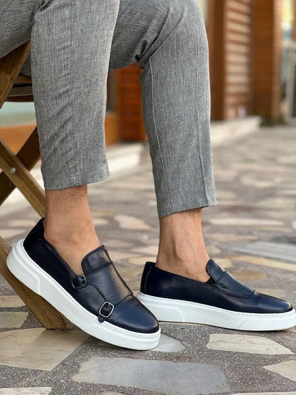 Edmond Navy Blue Double Monk Strap Casual Shoes - BRABION