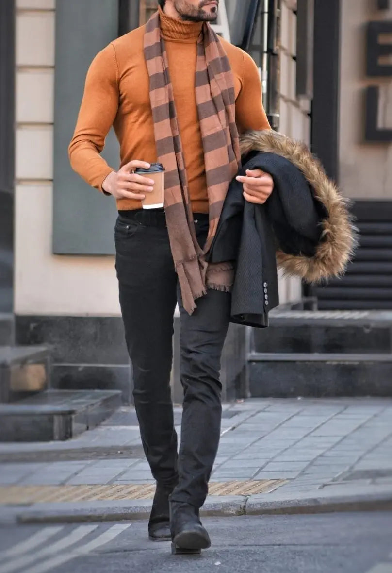 Elko Camel Slim Fit Turtleneck Wool Sweater - BRABION