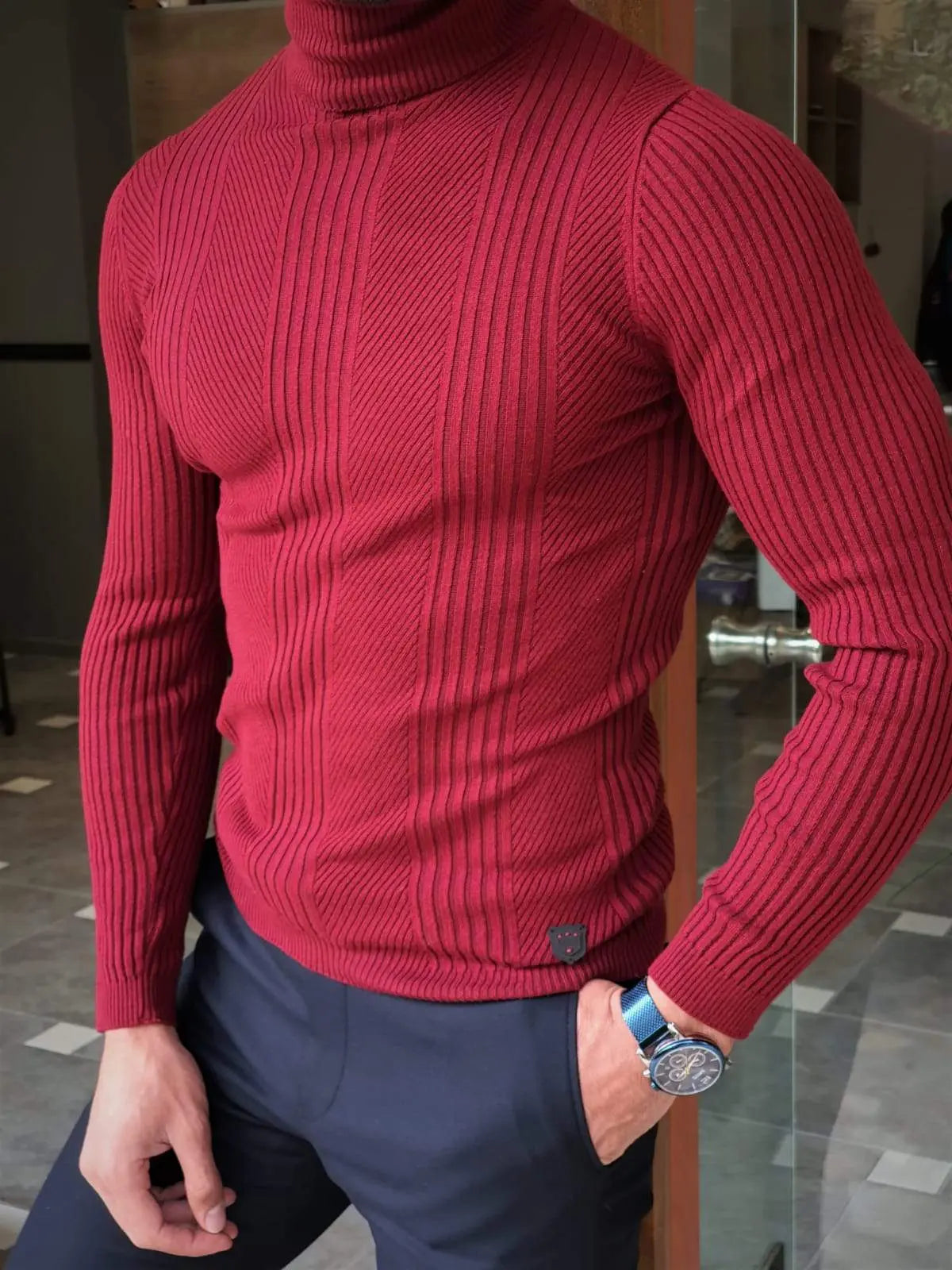 Elko Claret Red Slim Fit Striped Turtleneck Wool Sweater - BRABION