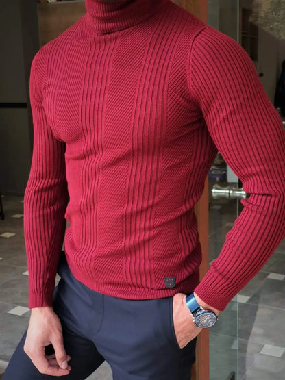 Elko Claret Red Slim Fit Striped Turtleneck Wool Sweater - BRABION