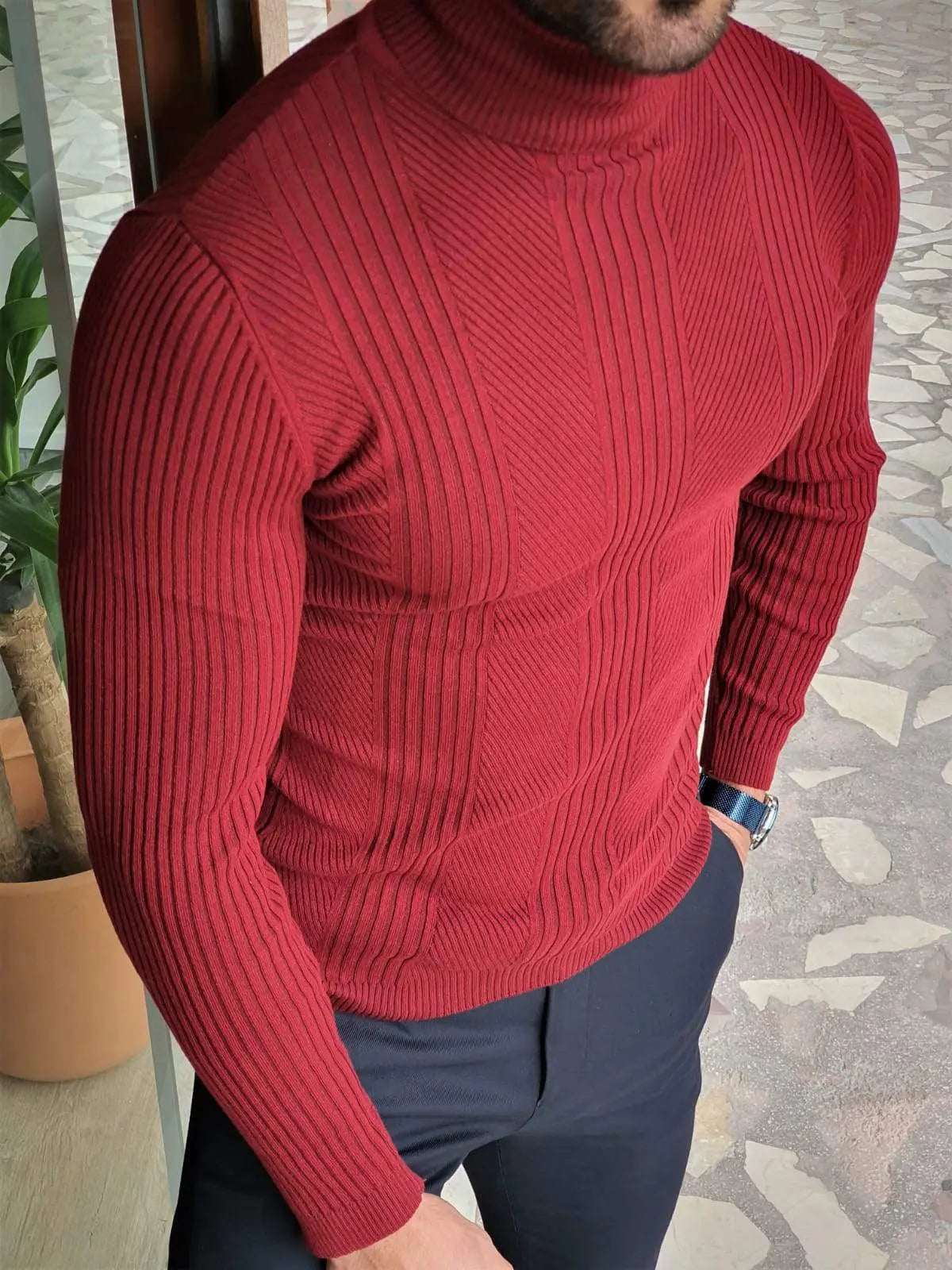 Elko Claret Red Slim Fit Striped Turtleneck Wool Sweater - BRABION
