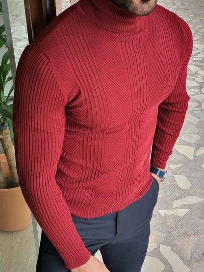 Elko Claret Red Slim Fit Striped Turtleneck Wool Sweater - BRABION