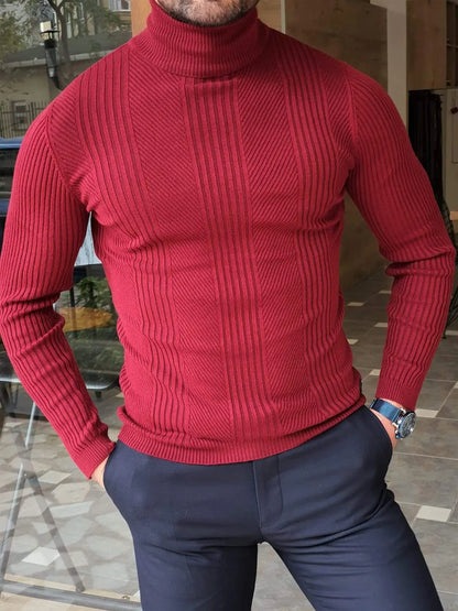 Elko Claret Red Slim Fit Striped Turtleneck Wool Sweater - BRABION