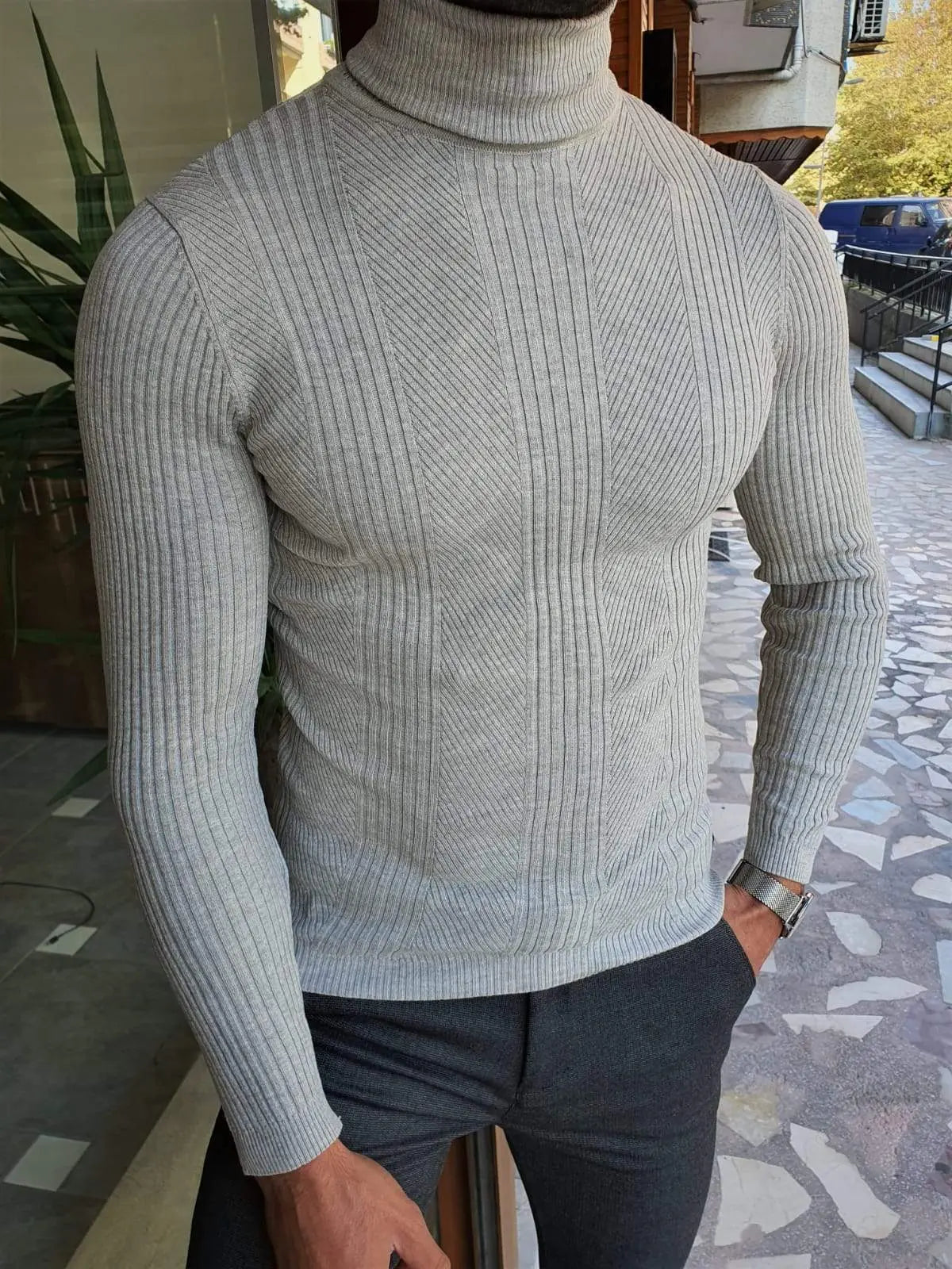 Elko Gray Slim Fit Striped Turtleneck Wool Sweater - BRABION