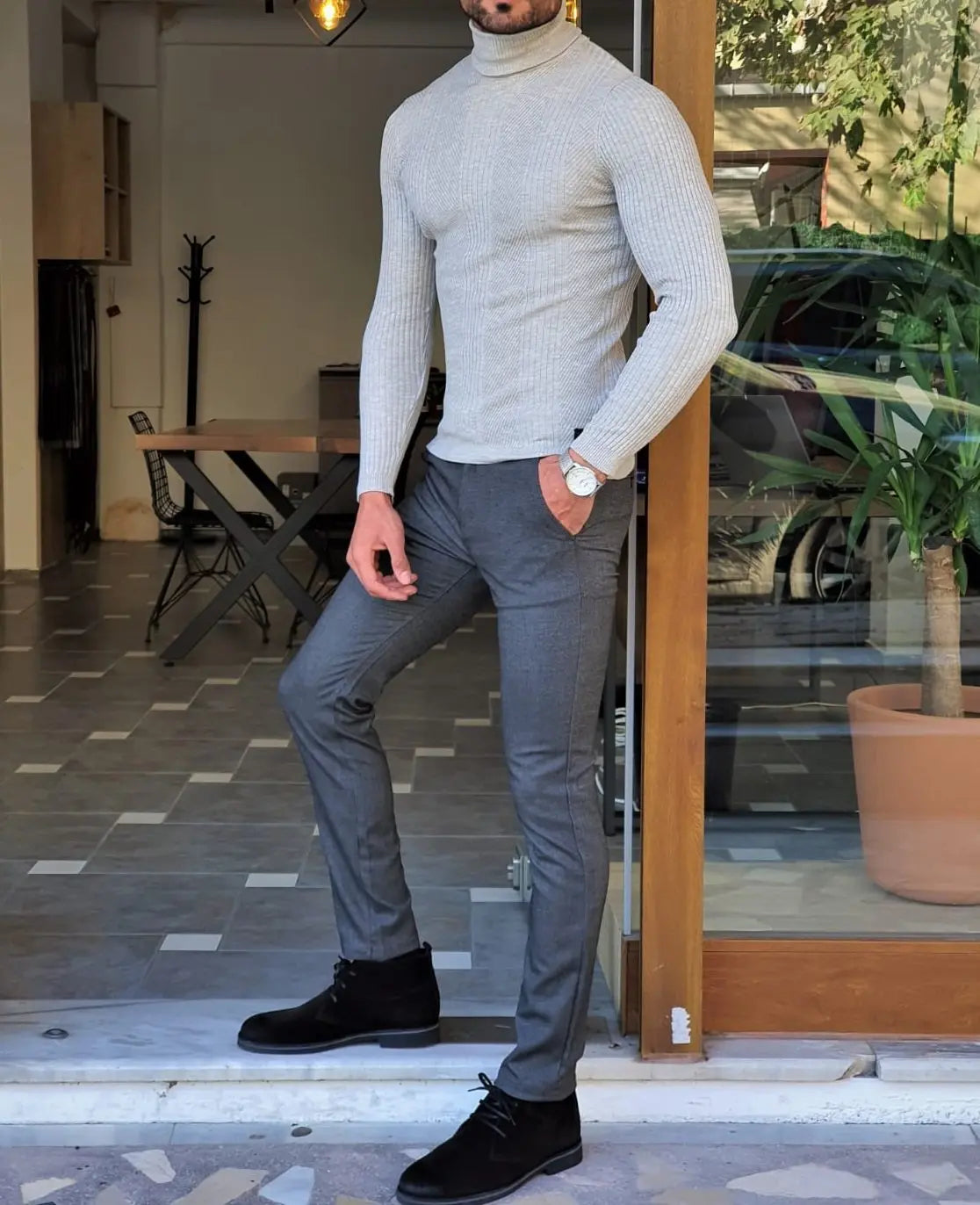 Elko Gray Slim Fit Striped Turtleneck Wool Sweater - BRABION