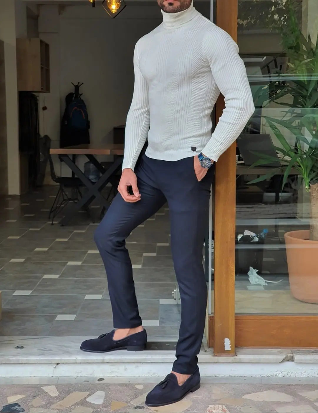 Elko White Slim Fit Striped Turtleneck Wool Sweater - BRABION